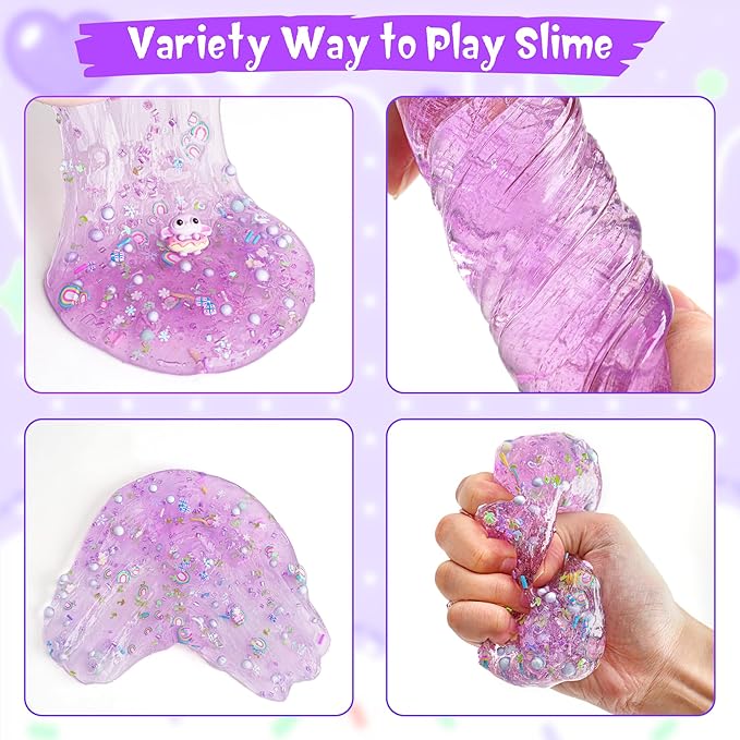 Purple Slime Kit, Clear Slime Bucket, Slimes Party Favors for Kids, Crunchy Slimes Includes 10 Packs of Add-ins, Sensory Toys Birthday Easter Hallowmas for Girls & Boys Gift