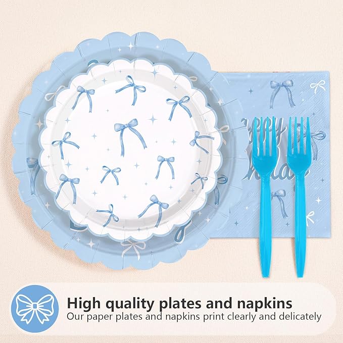 96Pcs Blue Bow 16th Birthday Party Supplies Blue White Birthday Scalloped Plates and Napkins Bow Themed Tableware Set for 16 Years Old Girls Bachelorette Party Decorations Serves 24