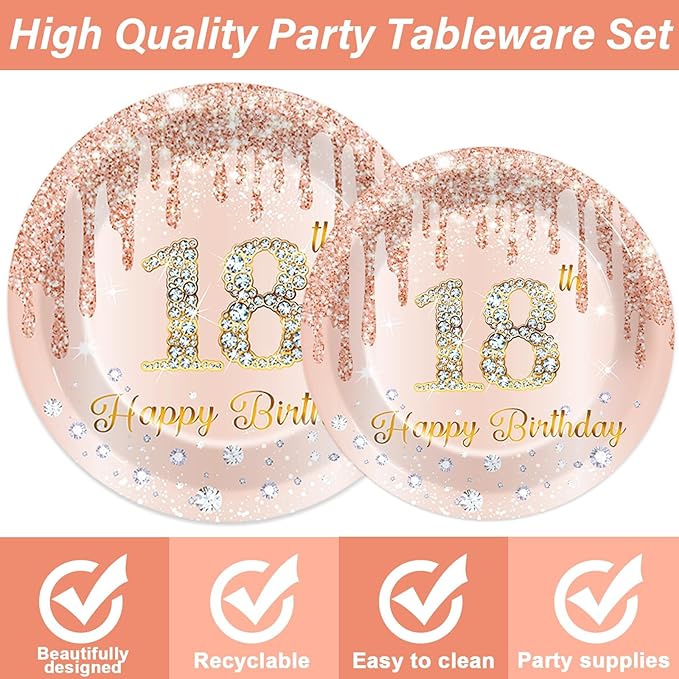 96 Pcs 18th Birthday Decoration for Girls Rose Gold 18th Birthday Plates and Napkins Party Supplies Time to Adult Rose Gold Pink Happy 18 Years Disposable Tableware for 24 Guests Party Decoration