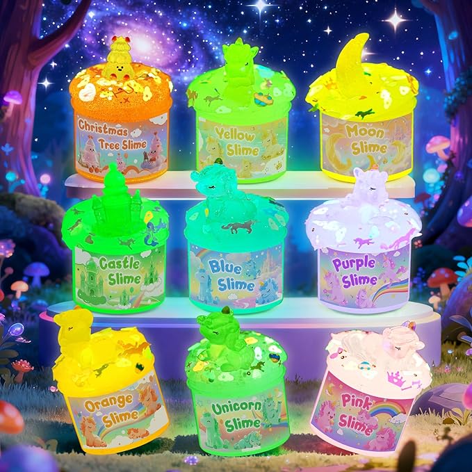 Unicorn Magic Glow-in-The-Dark Slime Kit 9 Pack with Glow Charms - DIY Slime Set Sensory Toys, Rainbow Slimes Party Favors for Girls & Boys Gift