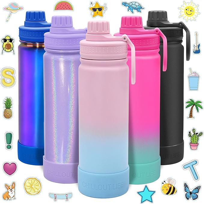 CHILLOUT LIFE 22 oz Kids Insulated Water Bottle for School with Leakproof Spout Lid and Cute Waterproof Stickers, Personalized Stainless Steel Thermos Flask Metal Water Bottle, Cotton Candy