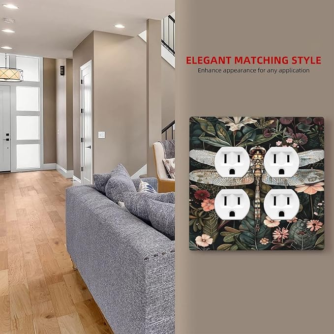 Vintage Dark Green Dragonfly Flowers Floral Botanical Outlet Covers 2 Gang Double Duplex Decorative Light Switch Covers Electrical Wallplates Socket Faceplate for Farmhouse Home Decor
