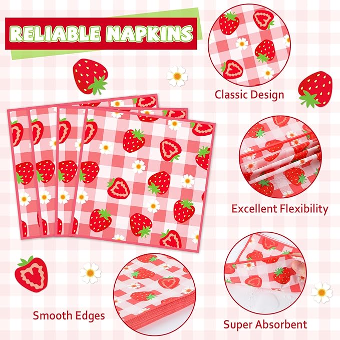 96Pcs Strawberry Party Plates and Napkins Birthday Party Supplies Spring Summer Fruit Paper Dessert Plates Strawberry Themed Tableware Set Disposable for 24 Guests 1st Birthday Party Decorations