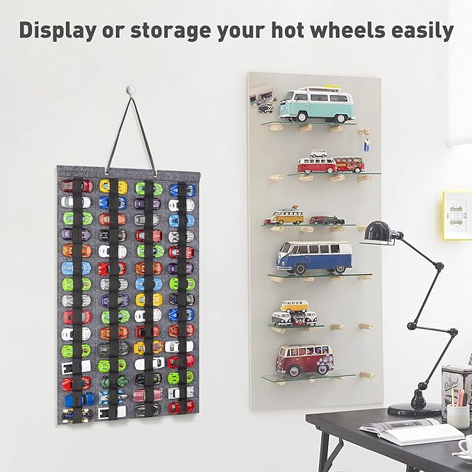 Hanging Storage Organizer for Toy Cars Felt Display Case Hold Up 60 Toy Cars (Without Accessories)(Gray)