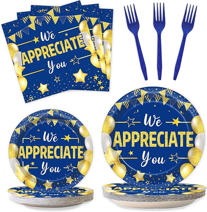 96Pcs We Appreciate You Party Plates and Napkins for Employee Staff Appreciation Blue Gold Supplies Work Anniversary Themed Plate Thank You Tableware Set for Teacher 24 Guests Party Decorations