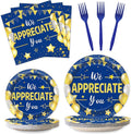 96Pcs We Appreciate You Party Plates and Napkins for Employee Staff Appreciation Blue Gold Supplies Work Anniversary Themed Plate Thank You Tableware Set for Teacher 24 Guests Party Decorations