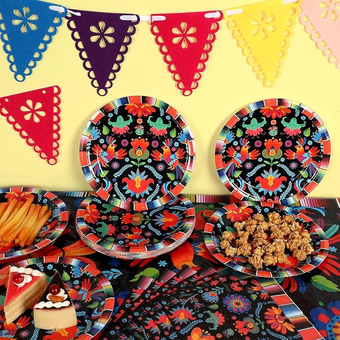 Mexican Fiesta Party Supplies Serves 24 Mexican Party Paper Plates Napkins Mexico Mayo Decorations Datura Flower Serape Tablecloth Set Tableware Kit for Day of The Dead Pinata Taco Ponchos Dance