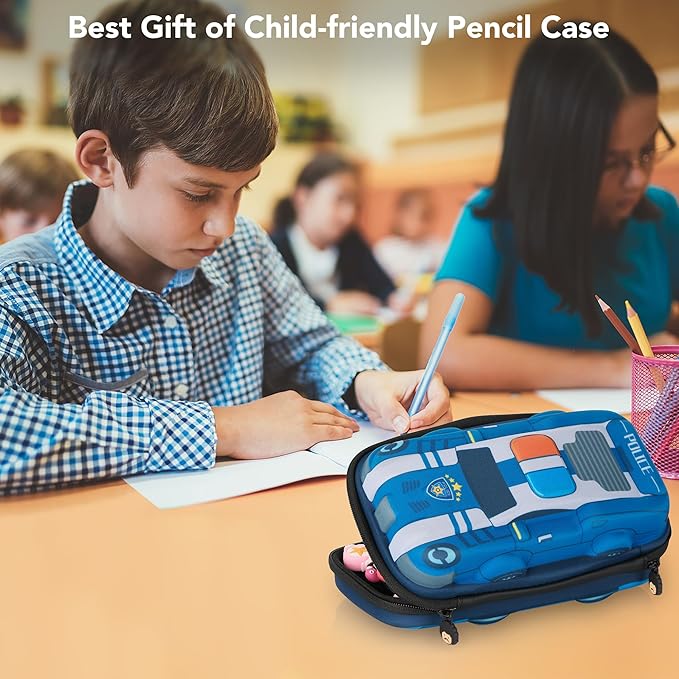 rockpapa Large-Capacity Police Car Pencil Case, Pencil Box, Storage Box for School Students Boys Teens Kids Toddlers Blue