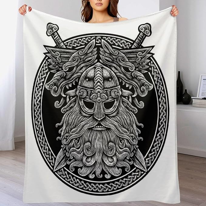 60 x 80 Inches Flannel Throw Blanket Viking Warrior Norse God Odin with Wolf and Swords Birthday Present for Men Women Winter Holiday Soft Blankets for Bedding Sofa