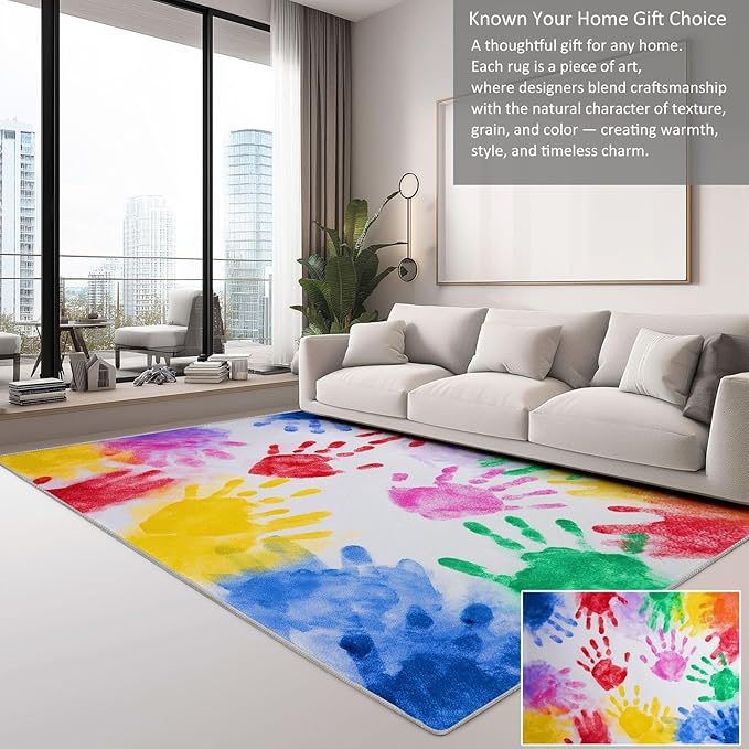 Abstract Handprint Pattern Washable Kids Area Rug 3×10ft Colorful Ultra Soft Non-Slip Rug for Nursery Kids Girls Boys Teen Dorm, Indoor Low-Pile Throw Carpet for Hallway Play Mat