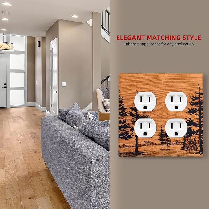 Pine Forest Natural Scenery Silhouette Wood Grain Outlet Covers 2 Gang Double Duplex Decorative Light Switch Covers Electrical Wallplates Socket Faceplate for Farmhouse Home Decor