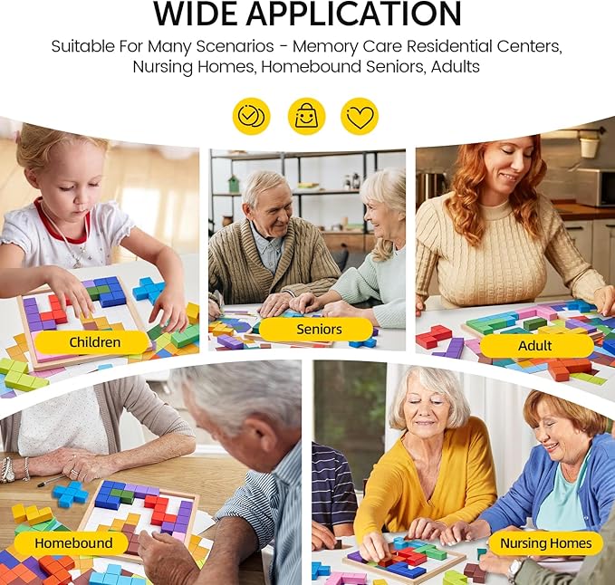 Dementia Products for Elderly, 15 Wooden Tiles Matching Game Activities for Seniors, Easy Memory Games for Alzheimer's, Cognitive Craft Gifts, Large Brain Puzzle Pattern Blocks for Elderly