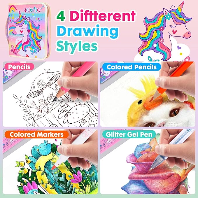 Washable Markers Set with Glitter Pencil Case, Art Supplies for Kids Ages 4-6-8, Arts Crafts Travel Coloring Kit for Girls 4 5 6 7 8 Year Old Birthday Gifts