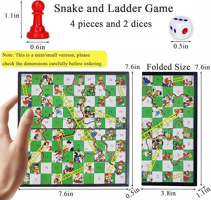 KIDAMI Mini Magnetic Snakes and Ladders Board Game Set, Folding Portable Design and Light-Weight, Travel Game Set Gift for Kids Toddlers (7.64 × 7.64 inches)
