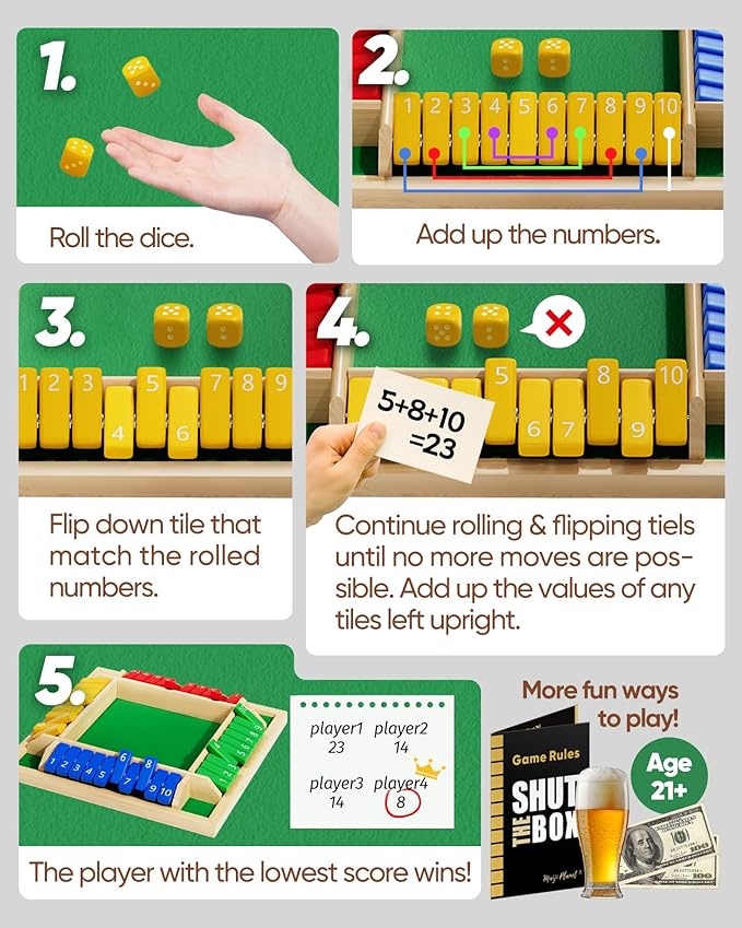 Classic Original Shut The Box Game, Math Dice Board Game for Family Night Classroom Travel, Wooden Table for Group Kid Adult Senior, Camp Party Bar, Easy Quick and Fun, 2-4 Players