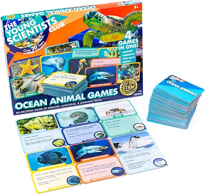 Young Scientist Ocean Animal Card Games - 4 in 1 Matching, Bingo, Memory, Trivia, Hands-On Educational STEM Fun for Age 5 and Up, Blue