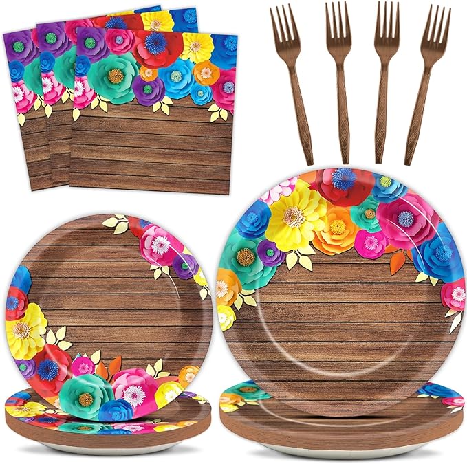 96Pcs Fiesta Party Plates and Napkins for Mexican Party Supplies Wooden Floral Themed Paper Dessert Plates Festival Tableware Set for Kids Boys 24 Guests Birthday Party Decorations