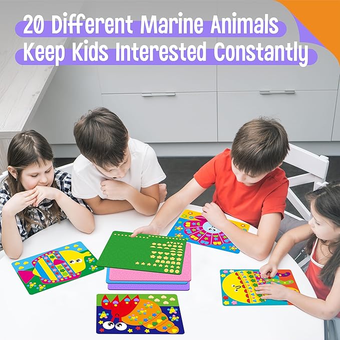 SpriteGru Foam Sticker Art Activity, 20 Marine Animals with 1660 Foam Stickers in 10 Colors Fun with DIY Activity Craft Kits Travel Game for Kids, Boys & Girls