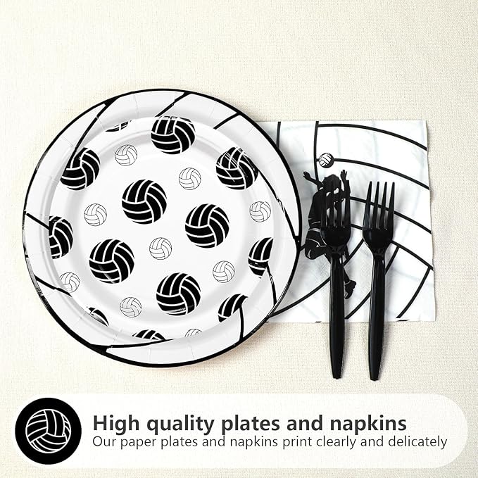 Grencian 96Pcs Volleyball Party Decorations Volleyball Paper Plates and Napkins Sports Theme Disposable Tableware for Girls Birthday Party Supplies Serves 24