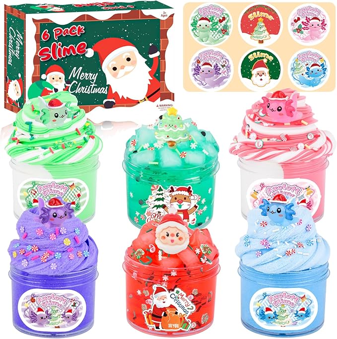 Christmas Slime Kit for Kids - 6 Pack Axolotl Slime with Butter, Cloud & Crunchy Jelly Cube Textures. Soft & Non-Sticky, Birthday Gifts, Xmas Stocking Stuffers & Party Favors for Girls and Boys