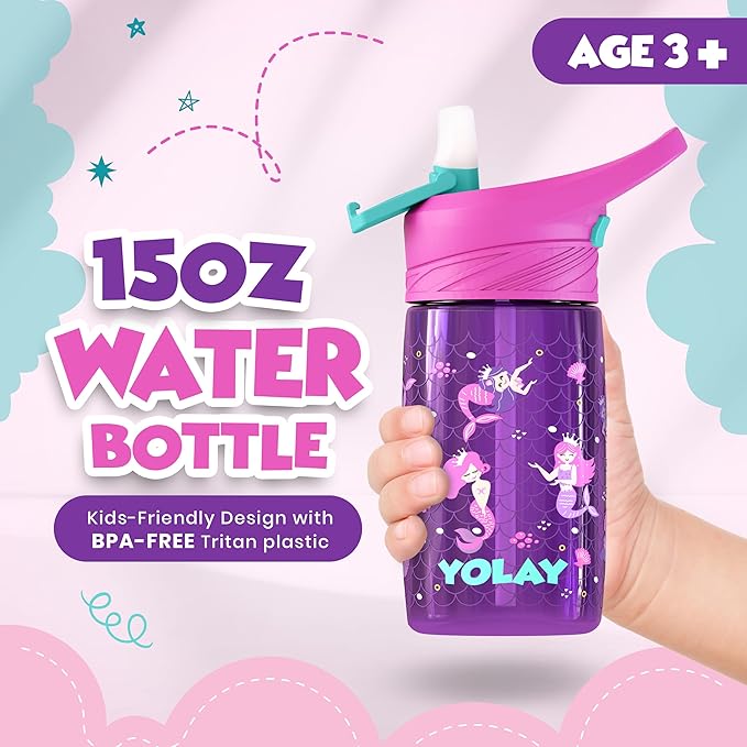 YOLAY 15oz Kids Water Bottle For School Boys and Girls, Durable Toddler Water Bottle with Straw Lid Leak-Proof, Spill Proof, Easy Clean and Dishwasher Safe with Re-Usable and BPA Free - Mermaid