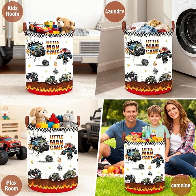 Monster Trucks Laundry Hamper,Car Room Decor Storage Basket,Kid Valentine's Day Gift Toy Bin Nursery Hamper, Collapsible Clothes Book Organizer Bin for Boy (Round)