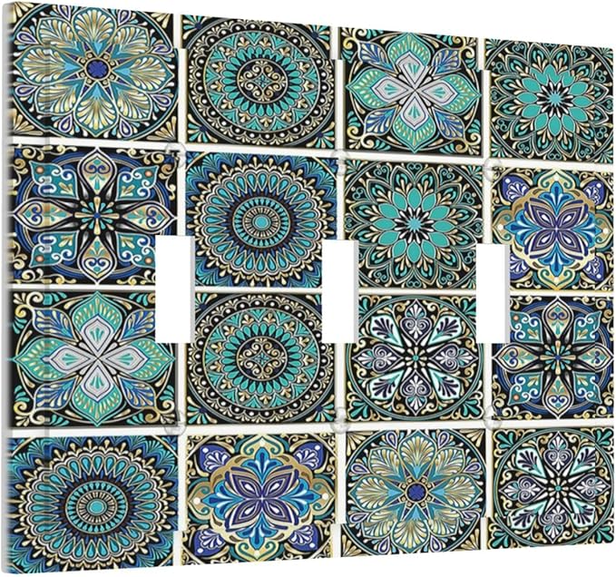 Decorative Switch Plates Mandala Decorative Rustic Vintage Turquoise Pattern 3 Gang Wall Plate Triple Toggle Light Switch Cover Faceplate Electrical Wall Panels for Bedroom Bathroom