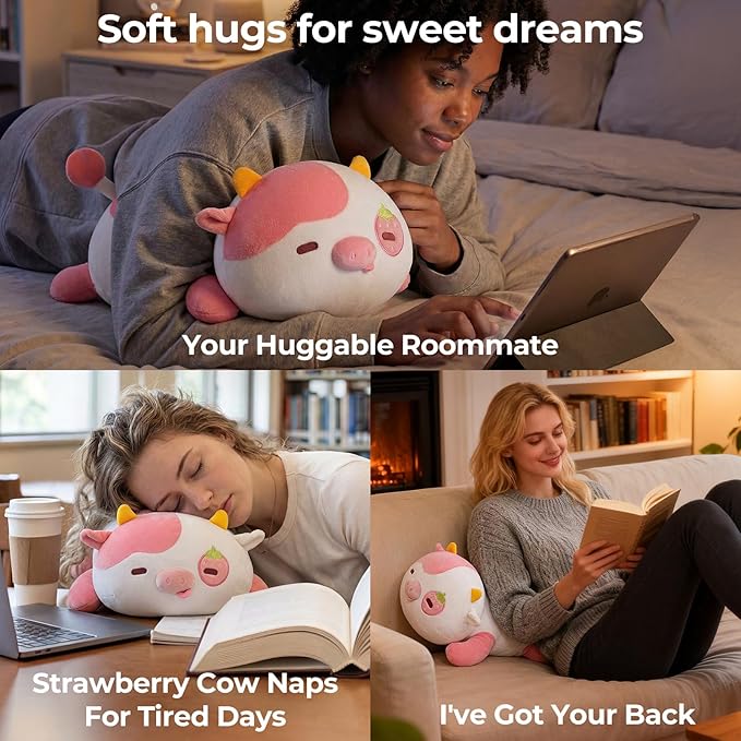 Mewaii Cute Strawberry Cow Plush Pillow, Kawaii Plushies Strawberry Cow Stuffed Animals, Squishy Plushies, Cuddle Plush Pillow for Kids & Girls (13 Inch)