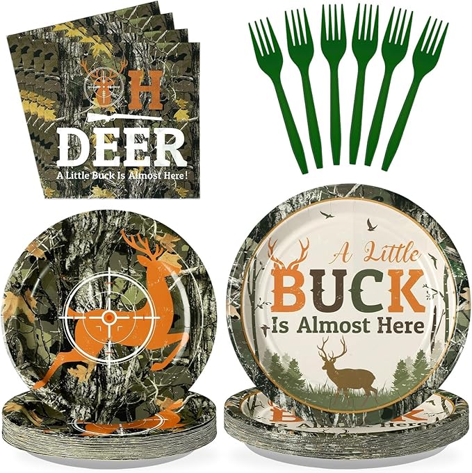 Grencian 96Pcs Hunting Deer Camo Baby Shower Supplies Oh Deer Plates and Napkins A Little Buck is Almost Here Tableware for Outdoor Camping Picnic Hunting Themed Baby Shower Decorations Serves 24
