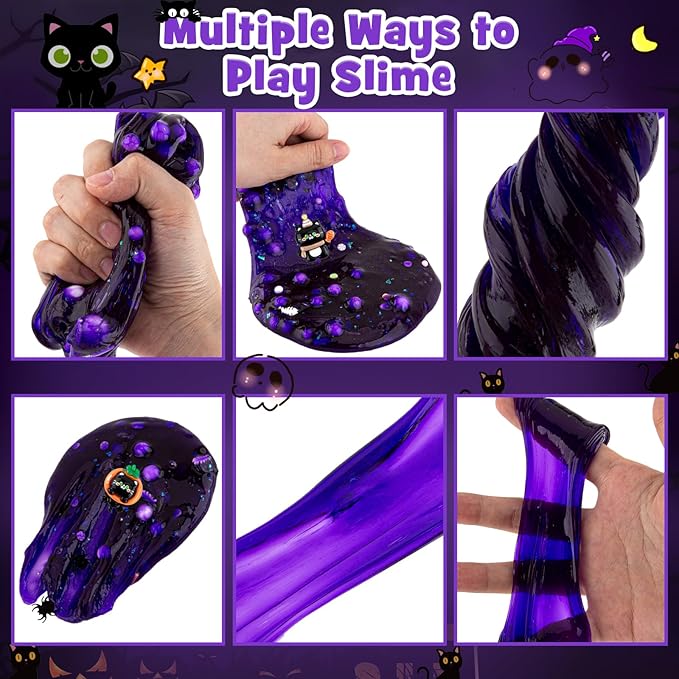LAWOHO 300ml Black Cat Slime Kit with Clay, Purple Clear Slime Bucket for Girls & Boys with 9 Packs Cat Add-Ins for Kids Slime Toys, Non Stick Slime Making Kit for Birthday Halloween Christmas Easter