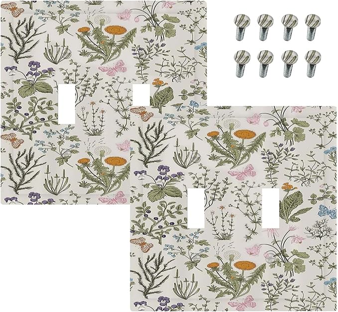 Outlet Covers Boho Floral Vintage Flowers Plants 1 Gang Duplex Light Switch Cover Plate Decorative Wall Plates Electrical Switchplate Receptacle for Bathroom Bedroom Decor（2 Pack）