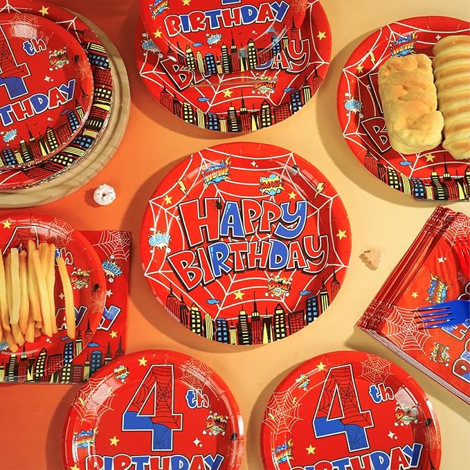 96Pcs Spider 4th Birthday Party Decorations Cartoon Spider Theme Plates Napkins Red Blue Hero Tableware set Super Theme Hero 4th Birthday Decoration Favors for Kids 4 Year Old Party Supplies Serve 24