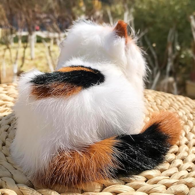 Realistic Baby Calico Cat Figurine - Lifelike Furry Kitten Statue, Plush Kitty Stuffed Animal Toy, Home Office Car Decor, Collectible Gift, Photo Prop