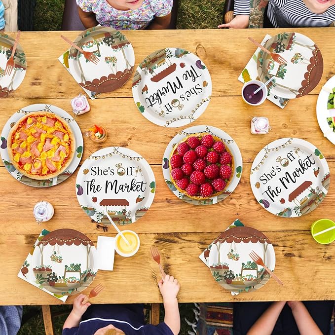 Grencian 96Pcs She's Fresh Off Market Bridal Shower Decor Farmers Market Engagement Party Plates and Napkins Vegetable Themed Disposable Tableware for Women Bridal Shower Wedding Decorations Serves 24