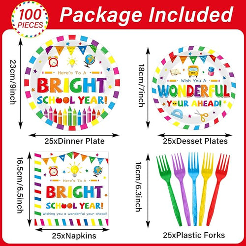 100PCS Back To School Decorations School Season Supplies Paper Plates Napkins Disposable White Bottom Colorful Pattern Tableware Dinnerware for Student Birthday Picnic First Day of School Serves 25