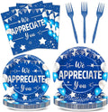 96pcs Blue Silver We Appreciate You Plates and Napkins Set for Thanksgiving Party Decorations Thank You Dinnerware Tableware for 24 Guests Employee Teacher Graduate Pastor Appreciation Party Supplies