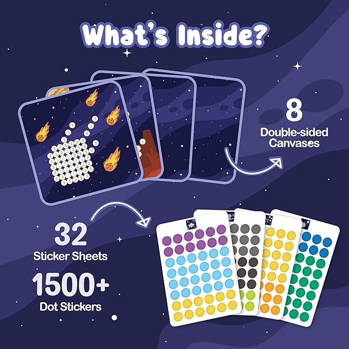 BINCA Dotties Dot Art Activity Kit - Space, 1500+ Stickers, Mess-Free Activities, DIY Dot Sticker Art, Kids Travel Activities, Gifts for Boys & Girls Ages 4,5,6,7
