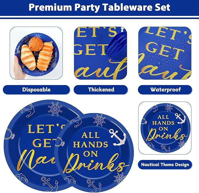 96 Pcs Nautical Bachelorette Party Plates and Napkins for Let's Get Nauti Yacht Party Supplies Nautical Sailor Themed Paper Dessert Plates Bridal Shower Tableware Set for 24 Guests Party Decorations
