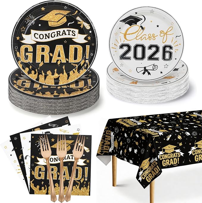Graduation Plates and Napkins 2026,97PcsBlack Disposable Grad Plates Class of 2026 Dessert Plates Napkins,Tablecloth,Forks,Graduation Decorations for Congrats Grad Party,Serve 24