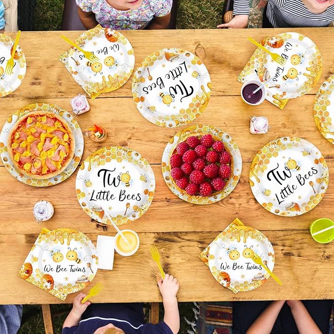 96Pcs Two Little Bees Party Supplies Bumble Bee Twins Theme Plates and Napkins Tableware Sets We Bee Twins Party Decorations for Bees Twins Baby Shower 2nd Birthday Decorations Serves 24
