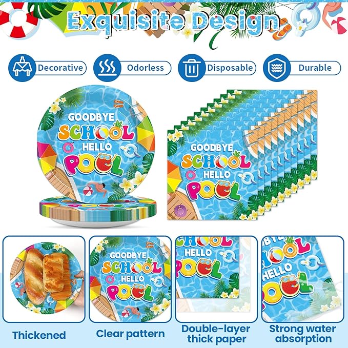 Goodbye School Hello Pool Tableware Set for Kids Class End of Schools Year Theme Supplies Summer School's Out Plates Napkins Tablecloths Serves 24 Guests Graduation Preschool Party Favors
