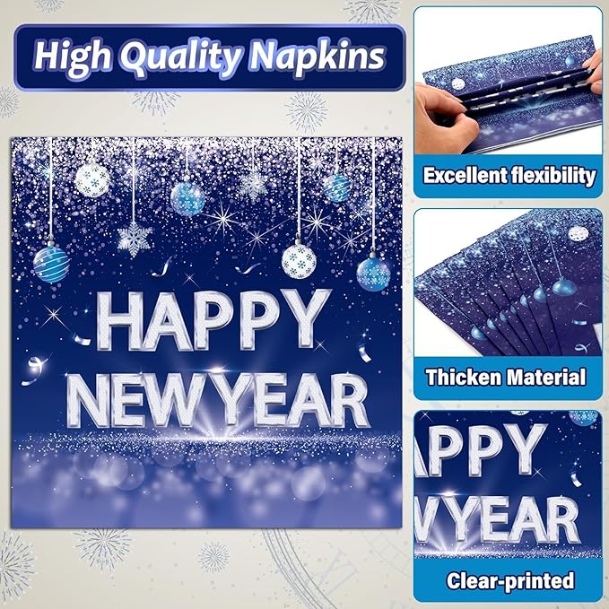 100PCS Happy New Year Party Plates and Napkins Party Supplies Blue 2026 New Year's Eve Platters Dessert Cake Tableware Set Party Decor Favor for New Year Evening Party Celebration Decoration Serves 25
