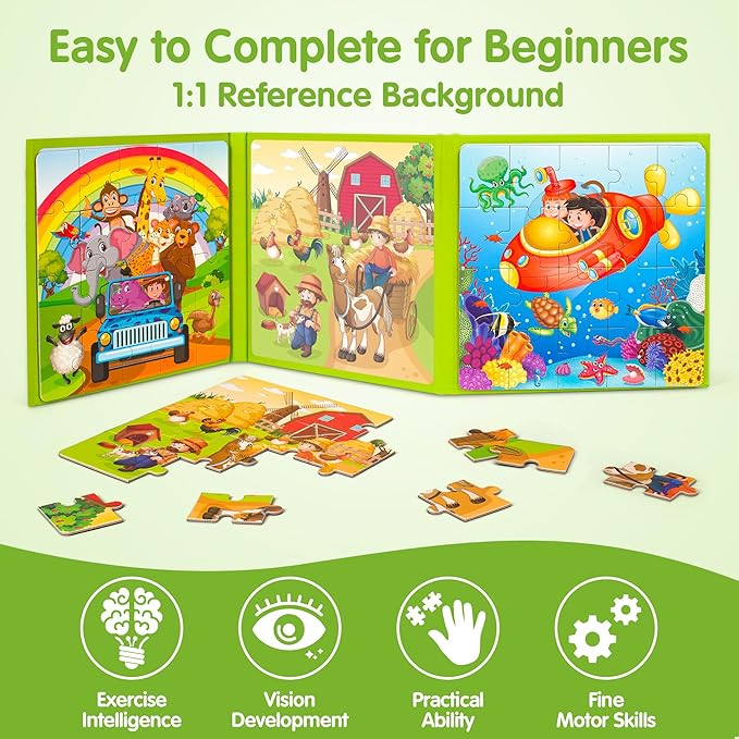 SYNARRY Magnetic Puzzles for Kids Ages 3-5, 20 Pieces Toddler Animal Puzzles for Kids Ages 4-6, Easter Basket Stuffers Gifts for Kids, Car Airplane Road Trip Activities Magnet Games Toy for Boys Girls