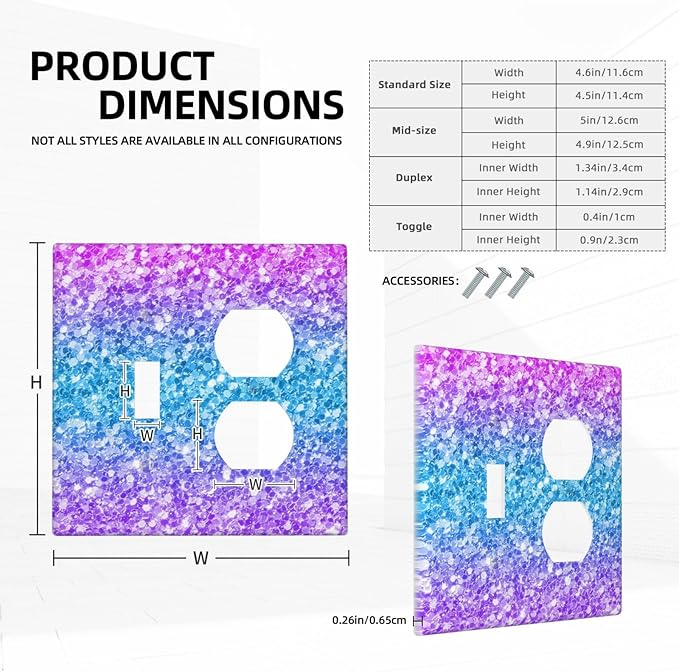Light Switch Cover Plate Fantasy Colorful Glitter Blue Purple Gradient 2 Gang Outlet Covers 1 Toggle 1 Duplex Socket Cover Wallplates Electrical Switch Plate Covers for Kids Room Home Decor
