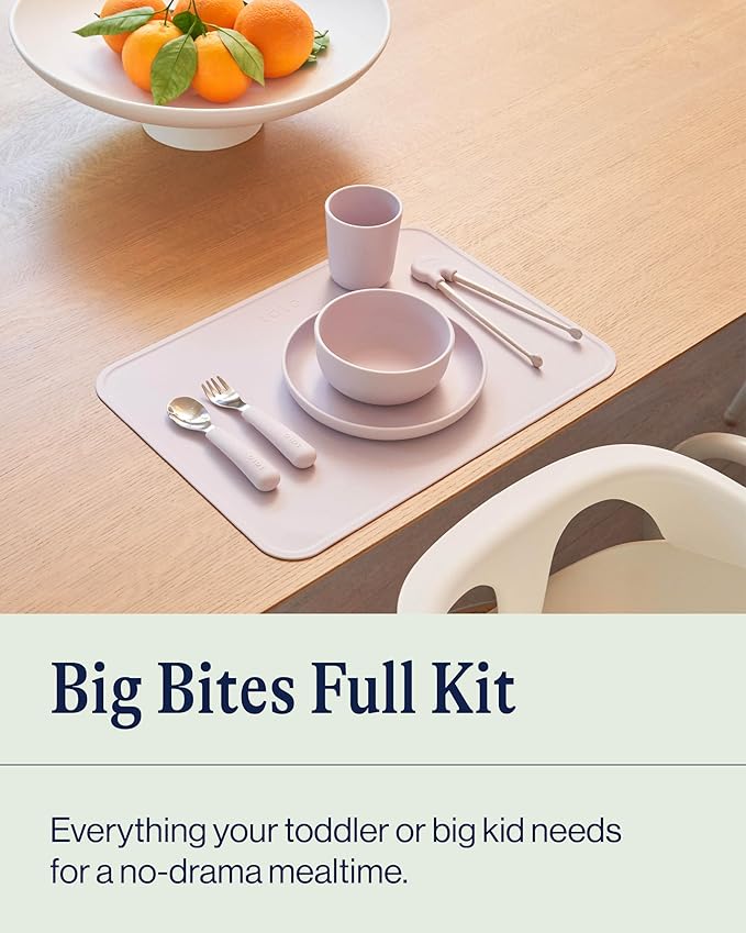 Lalo Big Bites Kids Dinnerware Full Set - Dishwasher Safe, BPA Free, Kids Tableware Set - Includes Stackable Bowl, Plate, Utensils & Cup - 7 Pieces - Lavender