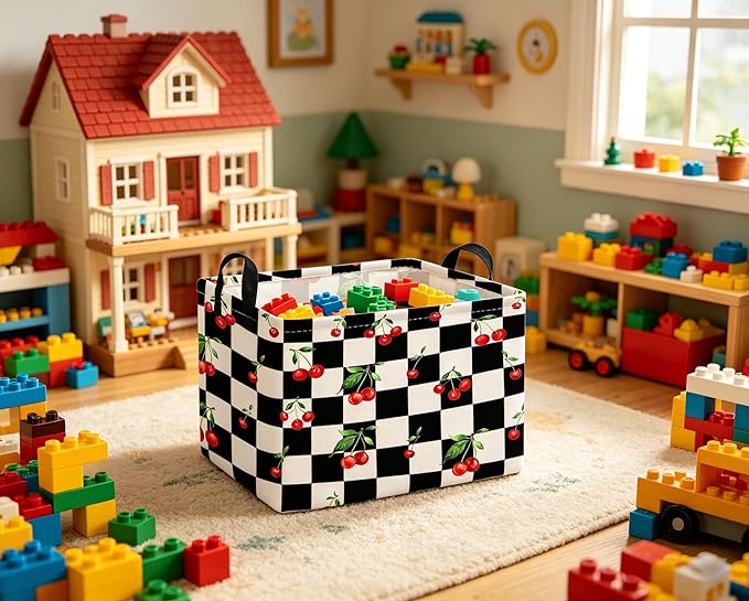 Rectangular Cherry baskets,Racing flag basket,Kids Storage Bins,Waterproof Collapsible Storage Bin,Toy Storage Bin,Cute Organizer Box,Book baskets,Girl room Decor(Cherry)