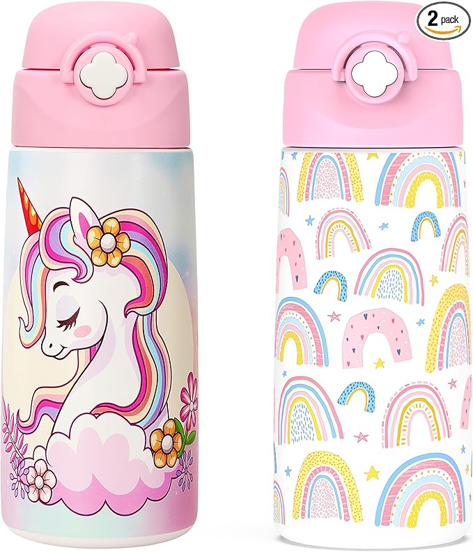 Girls Insulated Water Bottle with Covered Pop-Up Straw,16 oz Kids Cups with Stainless Steel Leak Proof for School（2 pack,Unicorn+Rainbow-pink）
