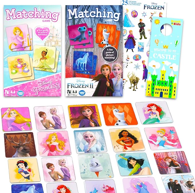 Memory Matching Game Set - Bundle with 2 Card Games Featuring Disney Princesses and Frozen Plus Stickers | Disney Matching Games for Girls