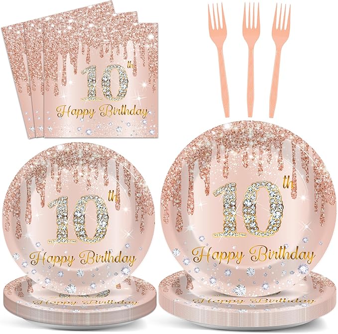 96 Pcs 10th Birthday Decoration for Girls Rose Gold 10th Birthday Plates and Napkins Party Supplies Rose Gold Pink Happy 10 Years Party Disposable Tableware Set for 24 Guests Party Decoration
