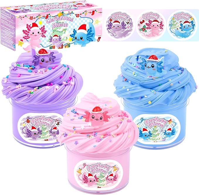 3 Pack Christmas Butter Slime Kit, Scented Axolotl Slime with Pink, Blue, Purple Axolotl Charms, Soft, Non-Sticky, Goodies Bag Toy for Christmas Party Favors